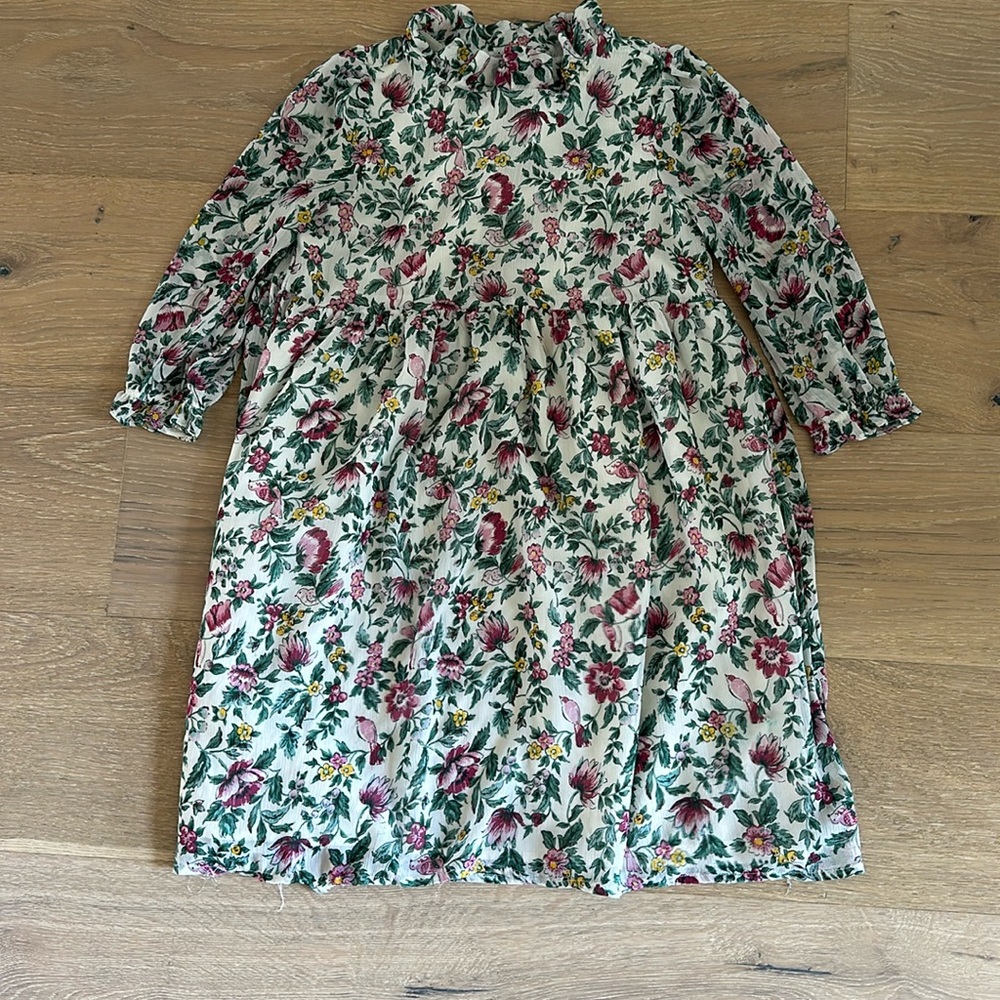 Janie and Jack Cream Floral Long-Sleeve Dress with Pink and Green Accents